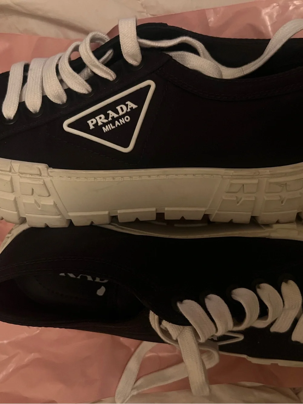 PRADA Double Wheel Re-Nylon Gabardine Sneakers -Black/White